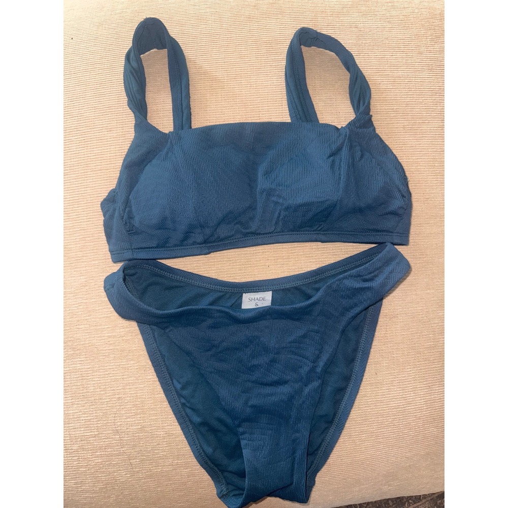 Shade & Shore Teal Blue Ribbed Textured Bikini Set Square Neck XS 0-2